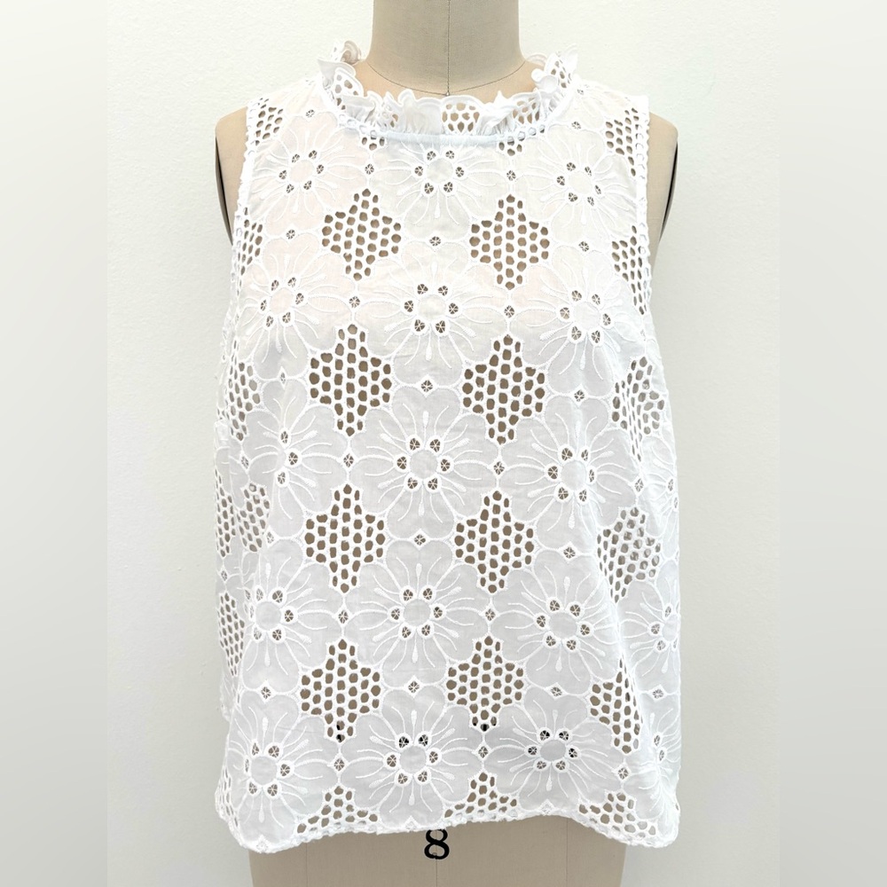 J Crew Fleur Top NWT White Cotton Eyelet Keyhole Back Ruffled Neck L